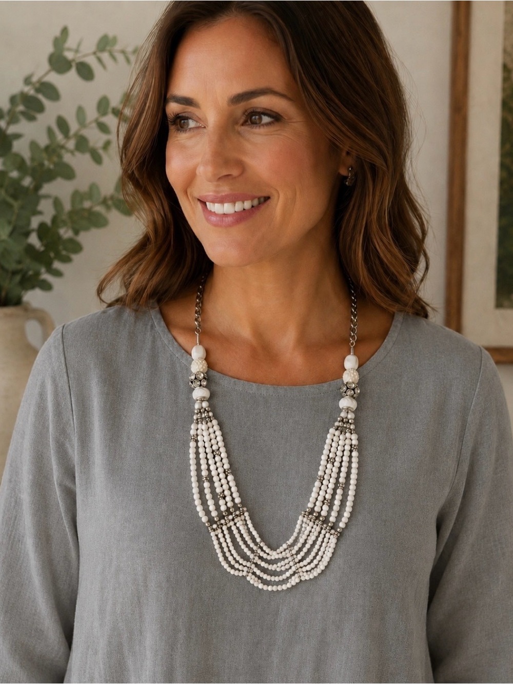 White bead and rhinestone embellished necklace